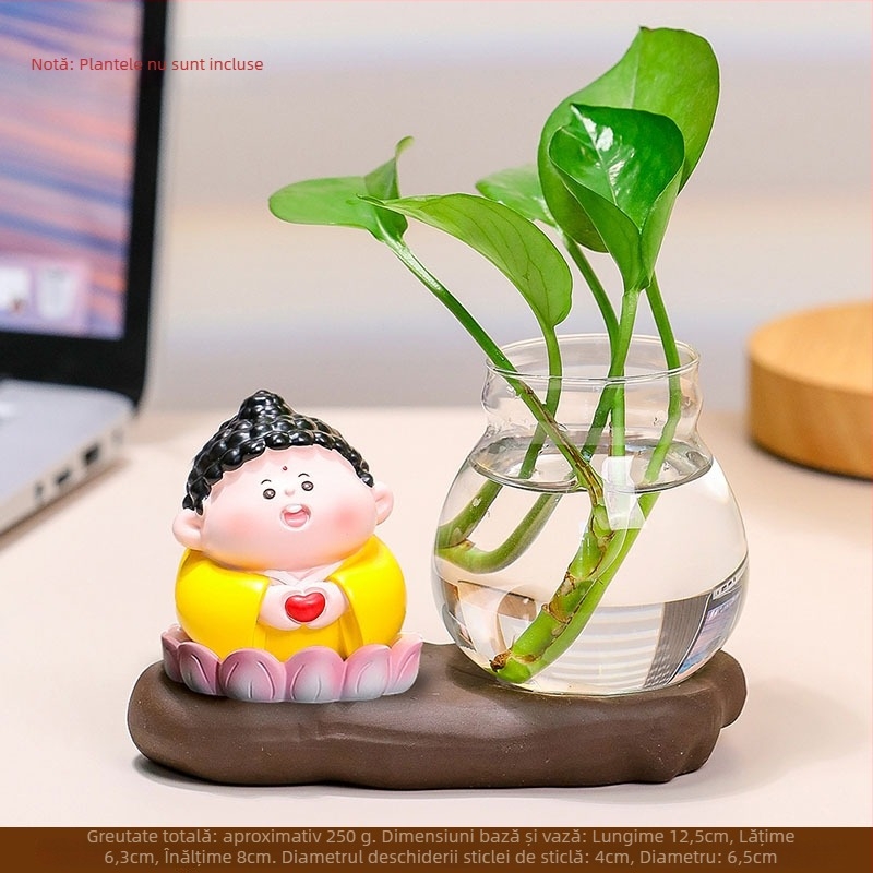 Decorațiune de birou din rășină Zhong Kui, cu vază hidroponică și cei cinci zei ai bogăției