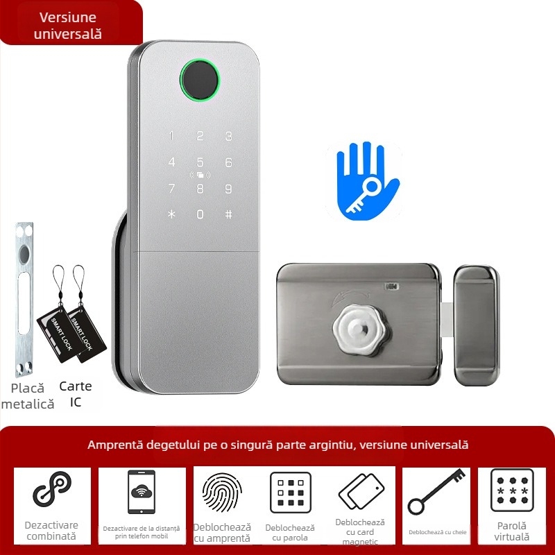 Încuietoare inteligentă cu amprentă pentru uși din fier/lemn, Model N2, stocare 100 amprente, >100000 de deblocări, scanare <0,5 s, temperatură de funcționare -35°C până la 55°C