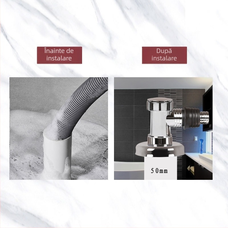 Conector electroplatinat în linie 4050 – racord pentru mașina de spălat și canalizarea podelei, cu trei căi, capete duble, design modern