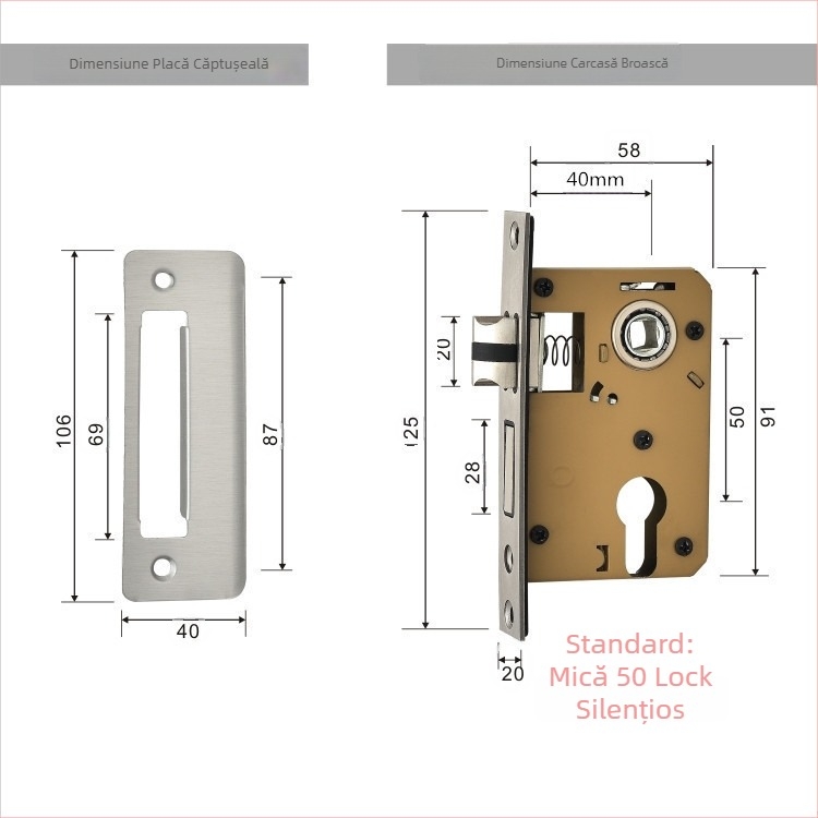 Corpul de încuietoare pentru ușa de cameră | Ușă interioară din lemn | Materiale: oțel inoxidabil și fier | Stil modern minimalist | Greutate 0,5 kg