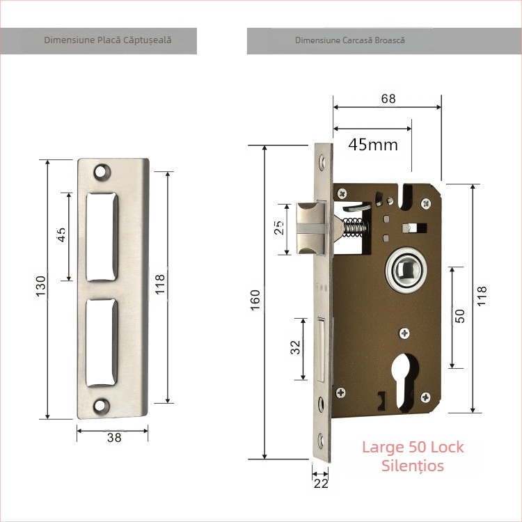 Corpul de încuietoare pentru ușa de cameră | Ușă interioară din lemn | Materiale: oțel inoxidabil și fier | Stil modern minimalist | Greutate 0,5 kg