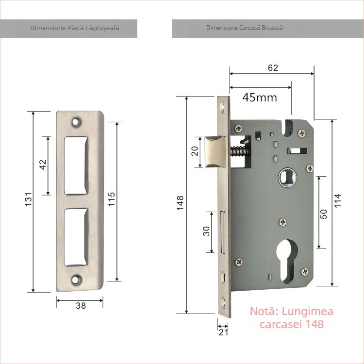 Corpul de încuietoare pentru ușa de cameră | Ușă interioară din lemn | Materiale: oțel inoxidabil și fier | Stil modern minimalist | Greutate 0,5 kg