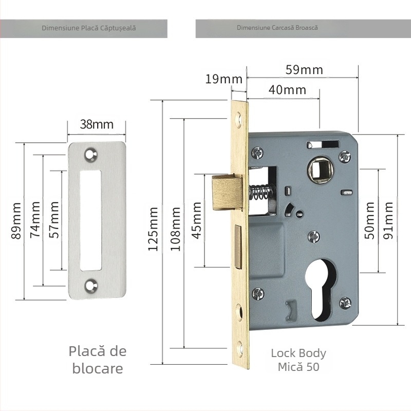 Corpul de încuietoare pentru ușa de cameră | Ușă interioară din lemn | Materiale: oțel inoxidabil și fier | Stil modern minimalist | Greutate 0,5 kg