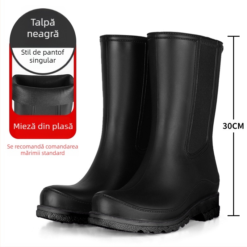 Cizme de ploaie din PVC pentru femei – fără șireturi, până la gambe medie, impermeabile, antiderapante, toc mic 1–3 cm