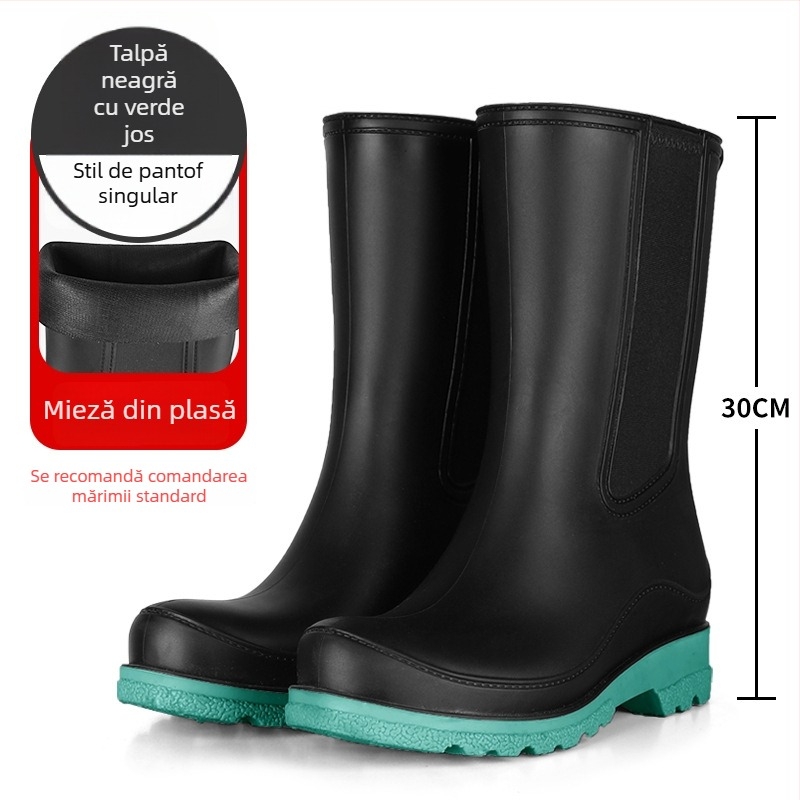 Cizme de ploaie din PVC pentru femei – fără șireturi, până la gambe medie, impermeabile, antiderapante, toc mic 1–3 cm