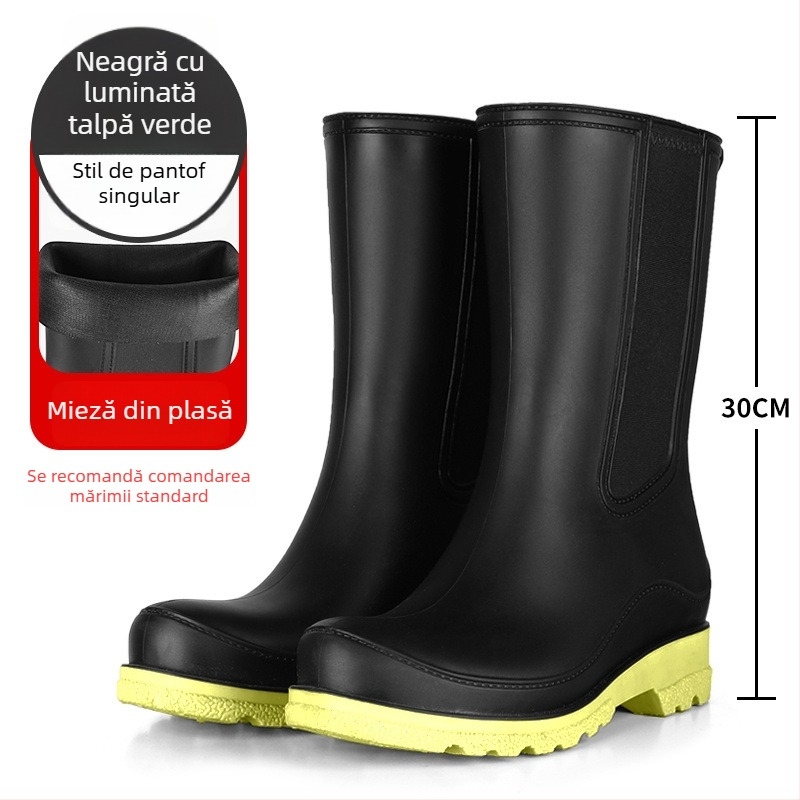 Cizme de ploaie din PVC pentru femei – fără șireturi, până la gambe medie, impermeabile, antiderapante, toc mic 1–3 cm