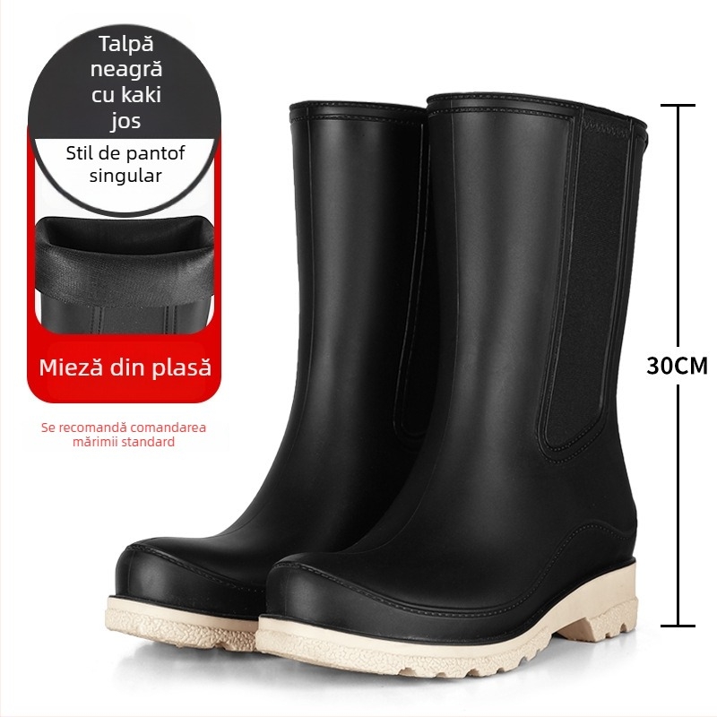Cizme de ploaie din PVC pentru femei – fără șireturi, până la gambe medie, impermeabile, antiderapante, toc mic 1–3 cm