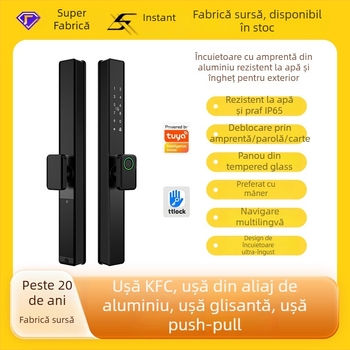 Brază inteligentă pentru uși din aliaj de aluminiu cu citire dublă a amprentei, acces prin parolă și card; rezistentă la apă, ramă subțire. Stochează până la 100 de amprente; peste 100.000 de deblocări; scanare sub 0,05 s.
