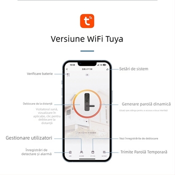 Brază inteligentă pentru uși din aliaj de aluminiu cu citire dublă a amprentei, acces prin parolă și card; rezistentă la apă, ramă subțire. Stochează până la 100 de amprente; peste 100.000 de deblocări; scanare sub 0,05 s.