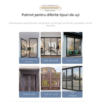 Brază inteligentă pentru uși din aliaj de aluminiu cu citire dublă a amprentei, acces prin parolă și card; rezistentă la apă, ramă subțire. Stochează până la 100 de amprente; peste 100.000 de deblocări; scanare sub 0,05 s.