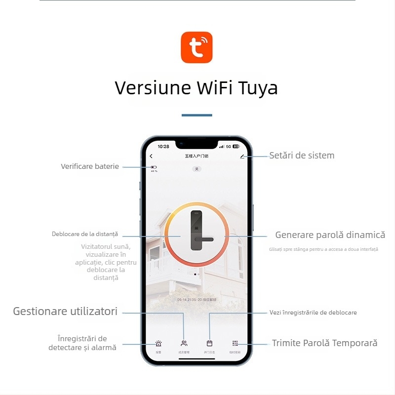 Brază inteligentă pentru uși din aliaj de aluminiu cu citire dublă a amprentei, acces prin parolă și card; rezistentă la apă, ramă subțire. Stochează până la 100 de amprente; peste 100.000 de deblocări; scanare sub 0,05 s.