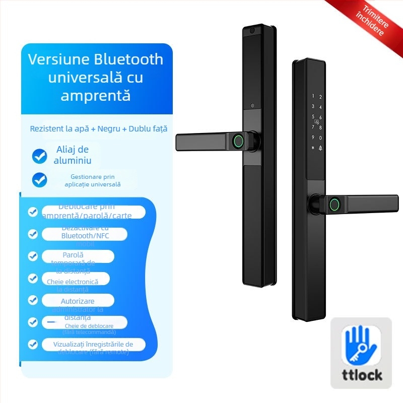 Brază inteligentă pentru uși din aliaj de aluminiu cu citire dublă a amprentei, acces prin parolă și card; rezistentă la apă, ramă subțire. Stochează până la 100 de amprente; peste 100.000 de deblocări; scanare sub 0,05 s.