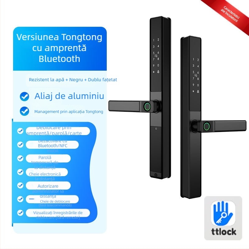 Brază inteligentă pentru uși din aliaj de aluminiu cu citire dublă a amprentei, acces prin parolă și card; rezistentă la apă, ramă subțire. Stochează până la 100 de amprente; peste 100.000 de deblocări; scanare sub 0,05 s.