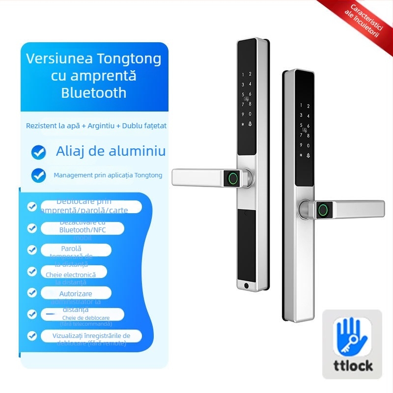 Brază inteligentă pentru uși din aliaj de aluminiu cu citire dublă a amprentei, acces prin parolă și card; rezistentă la apă, ramă subțire. Stochează până la 100 de amprente; peste 100.000 de deblocări; scanare sub 0,05 s.