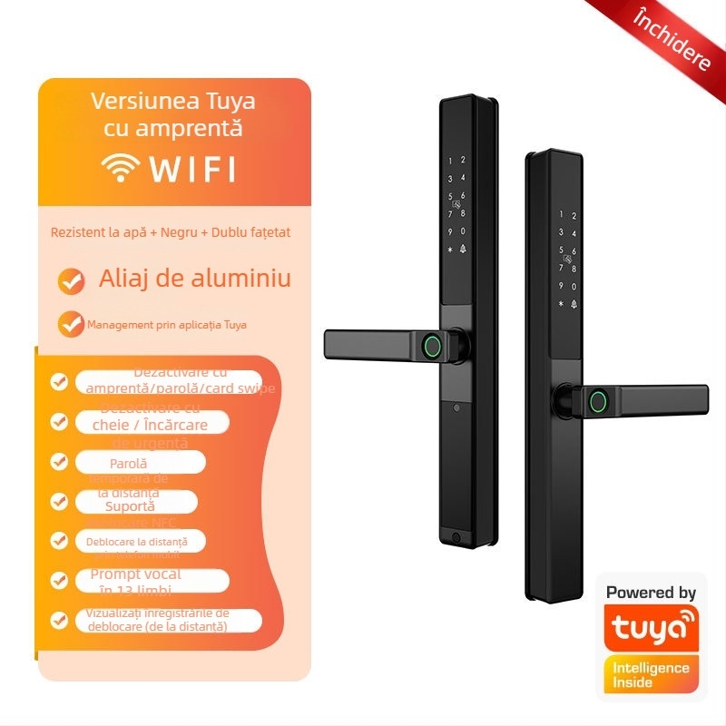 Brază inteligentă pentru uși din aliaj de aluminiu cu citire dublă a amprentei, acces prin parolă și card; rezistentă la apă, ramă subțire. Stochează până la 100 de amprente; peste 100.000 de deblocări; scanare sub 0,05 s.