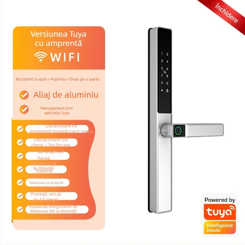 Brază inteligentă pentru uși din aliaj de aluminiu cu citire dublă a amprentei, acces prin parolă și card; rezistentă la apă, ramă subțire. Stochează până la 100 de amprente; peste 100.000 de deblocări; scanare sub 0,05 s.