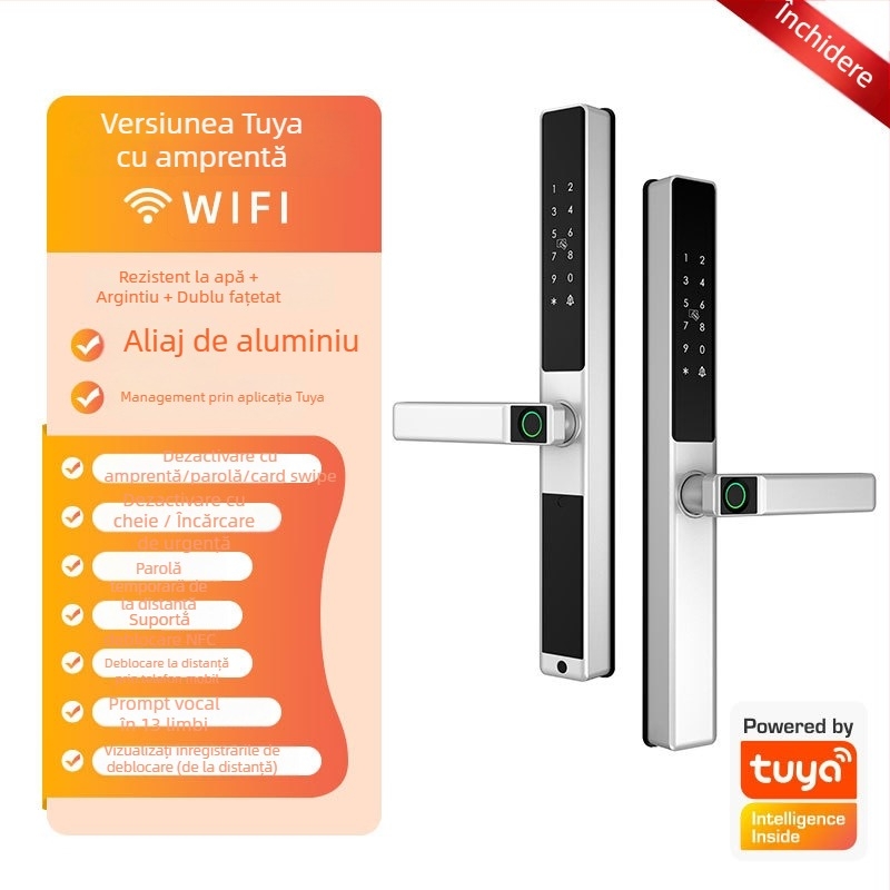 Brază inteligentă pentru uși din aliaj de aluminiu cu citire dublă a amprentei, acces prin parolă și card; rezistentă la apă, ramă subțire. Stochează până la 100 de amprente; peste 100.000 de deblocări; scanare sub 0,05 s.