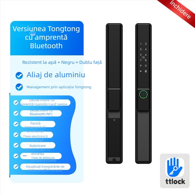 Brază inteligentă pentru uși din aliaj de aluminiu cu citire dublă a amprentei, acces prin parolă și card; rezistentă la apă, ramă subțire. Stochează până la 100 de amprente; peste 100.000 de deblocări; scanare sub 0,05 s.