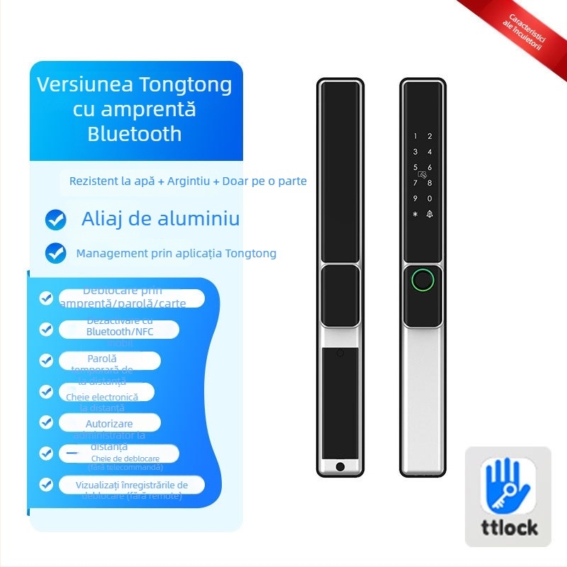 Brază inteligentă pentru uși din aliaj de aluminiu cu citire dublă a amprentei, acces prin parolă și card; rezistentă la apă, ramă subțire. Stochează până la 100 de amprente; peste 100.000 de deblocări; scanare sub 0,05 s.