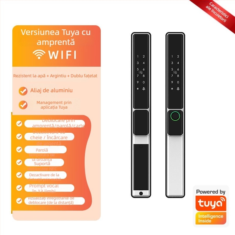 Brază inteligentă pentru uși din aliaj de aluminiu cu citire dublă a amprentei, acces prin parolă și card; rezistentă la apă, ramă subțire. Stochează până la 100 de amprente; peste 100.000 de deblocări; scanare sub 0,05 s.