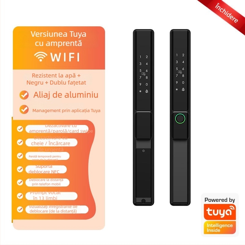 Brază inteligentă pentru uși din aliaj de aluminiu cu citire dublă a amprentei, acces prin parolă și card; rezistentă la apă, ramă subțire. Stochează până la 100 de amprente; peste 100.000 de deblocări; scanare sub 0,05 s.