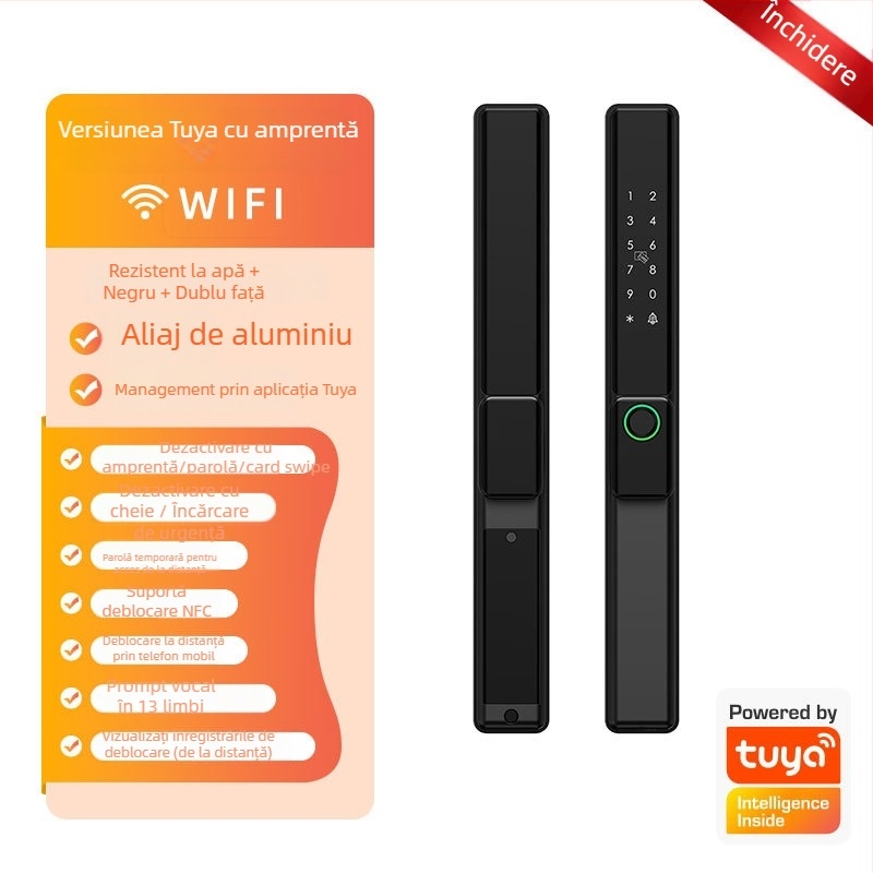 Brază inteligentă pentru uși din aliaj de aluminiu cu citire dublă a amprentei, acces prin parolă și card; rezistentă la apă, ramă subțire. Stochează până la 100 de amprente; peste 100.000 de deblocări; scanare sub 0,05 s.