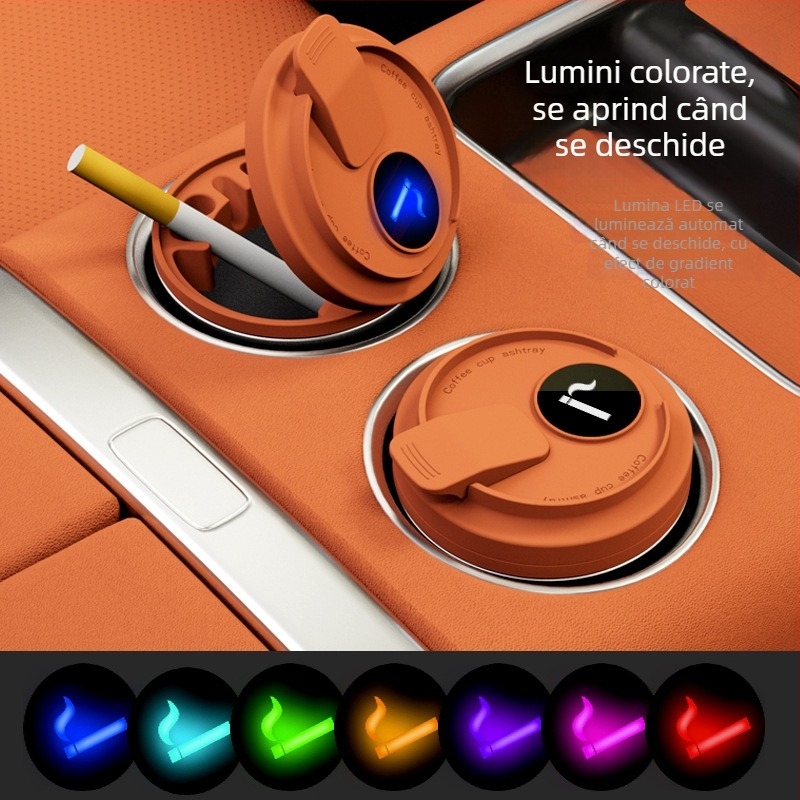 Cenușar auto cu capac, material ABS, model universal, proces de gravare, stingere automată a fumului