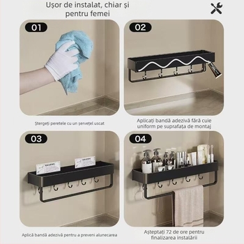 Raft montat pe perete pentru prosoape, fără găuri, din aliaj de aluminiu, tavă pliabilă, capacitate 10 kg