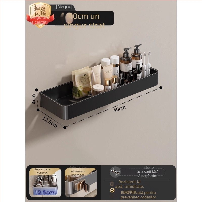 Raft montat pe perete pentru prosoape, fără găuri, din aliaj de aluminiu, tavă pliabilă, capacitate 10 kg