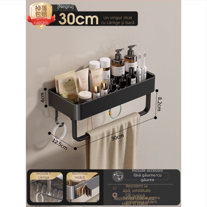 Raft montat pe perete pentru prosoape, fără găuri, din aliaj de aluminiu, tavă pliabilă, capacitate 10 kg