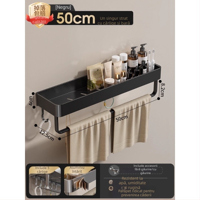 Raft montat pe perete pentru prosoape, fără găuri, din aliaj de aluminiu, tavă pliabilă, capacitate 10 kg