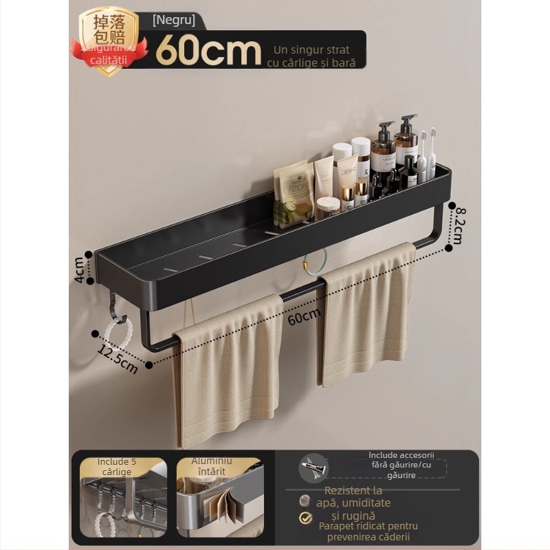 Raft montat pe perete pentru prosoape, fără găuri, din aliaj de aluminiu, tavă pliabilă, capacitate 10 kg