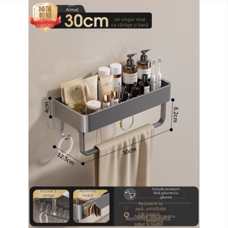 Raft montat pe perete pentru prosoape, fără găuri, din aliaj de aluminiu, tavă pliabilă, capacitate 10 kg