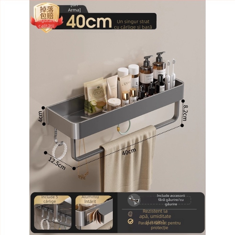 Raft montat pe perete pentru prosoape, fără găuri, din aliaj de aluminiu, tavă pliabilă, capacitate 10 kg