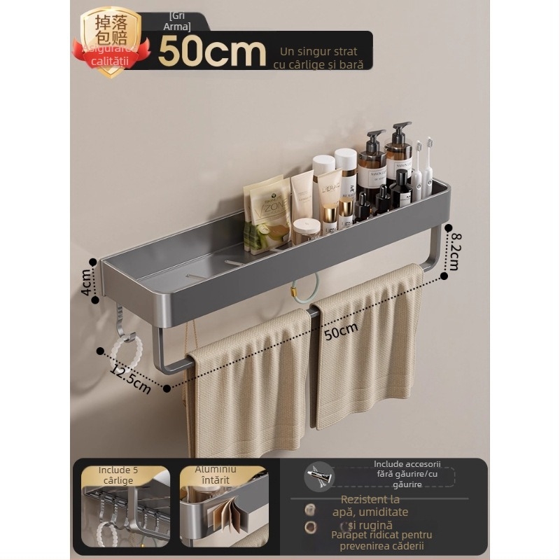 Raft montat pe perete pentru prosoape, fără găuri, din aliaj de aluminiu, tavă pliabilă, capacitate 10 kg