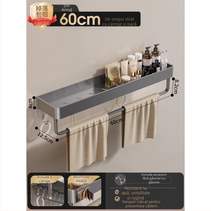 Raft montat pe perete pentru prosoape, fără găuri, din aliaj de aluminiu, tavă pliabilă, capacitate 10 kg