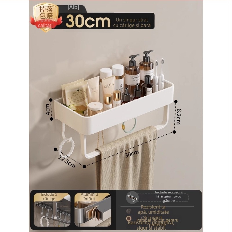 Raft montat pe perete pentru prosoape, fără găuri, din aliaj de aluminiu, tavă pliabilă, capacitate 10 kg