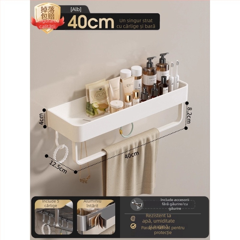 Raft montat pe perete pentru prosoape, fără găuri, din aliaj de aluminiu, tavă pliabilă, capacitate 10 kg