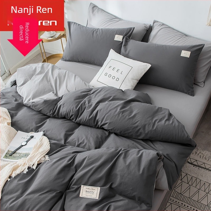 Set de lenjerie de pat din patru piese, în stil korean, design modern minimalist; material poliester, țesătură simplă, imprimare reactive și vopsire