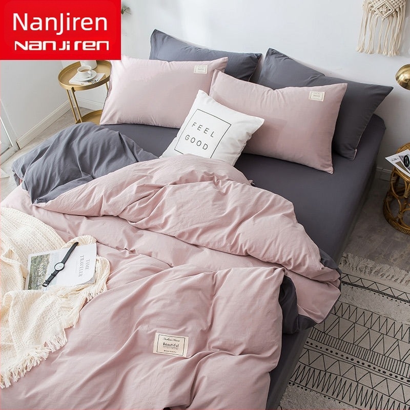 Set de lenjerie de pat din patru piese, în stil korean, design modern minimalist; material poliester, țesătură simplă, imprimare reactive și vopsire