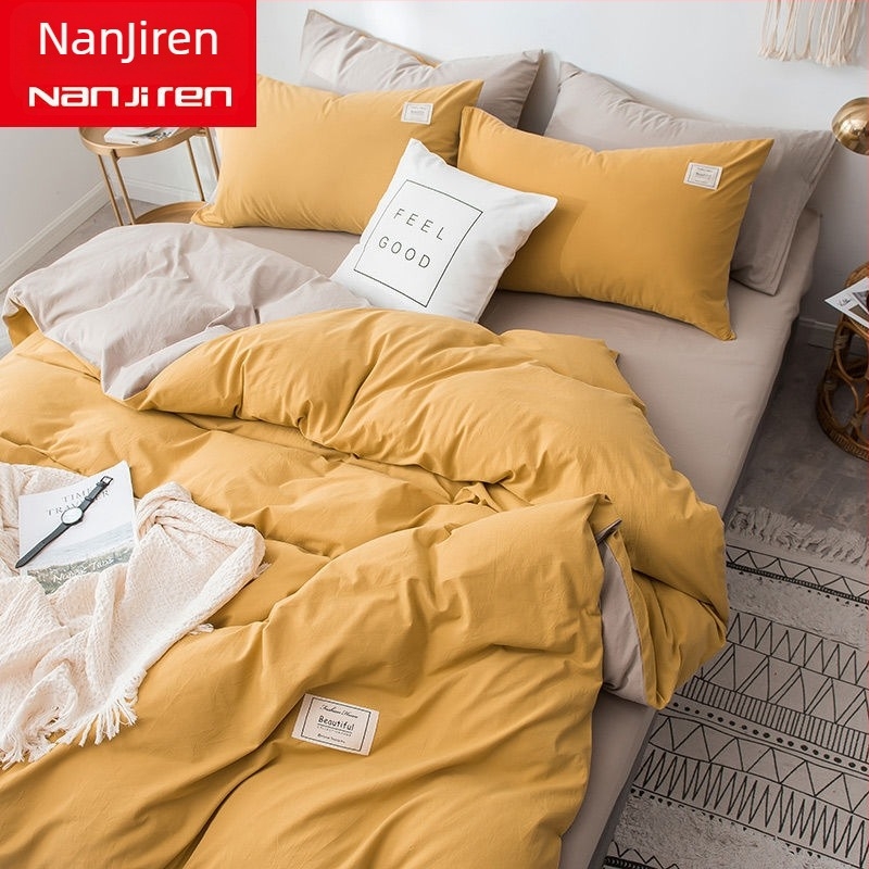 Set de lenjerie de pat din patru piese, în stil korean, design modern minimalist; material poliester, țesătură simplă, imprimare reactive și vopsire