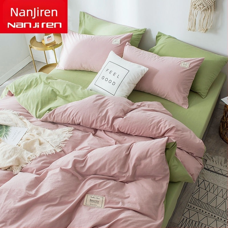 Set de lenjerie de pat din patru piese, în stil korean, design modern minimalist; material poliester, țesătură simplă, imprimare reactive și vopsire