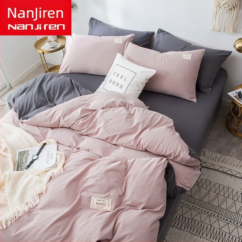 Set de lenjerie de pat din patru piese, în stil korean, design modern minimalist; material poliester, țesătură simplă, imprimare reactive și vopsire