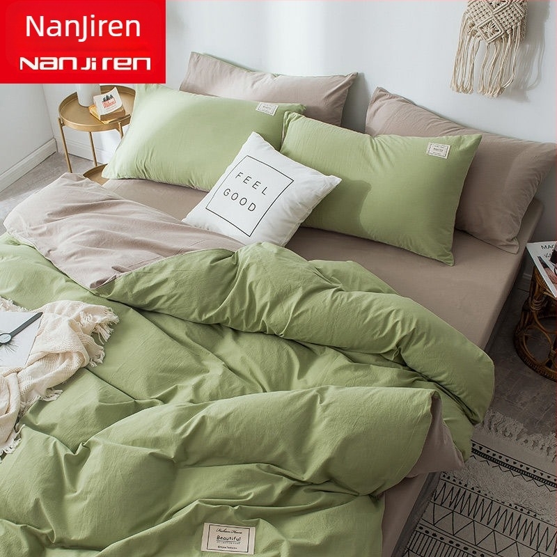 Set de lenjerie de pat din patru piese, în stil korean, design modern minimalist; material poliester, țesătură simplă, imprimare reactive și vopsire