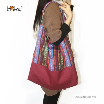 Geantă de umăr pentru femei, stil etnic, din bumbac, model cu dungi, închidere cu fermoar, căptușeală din bumbac