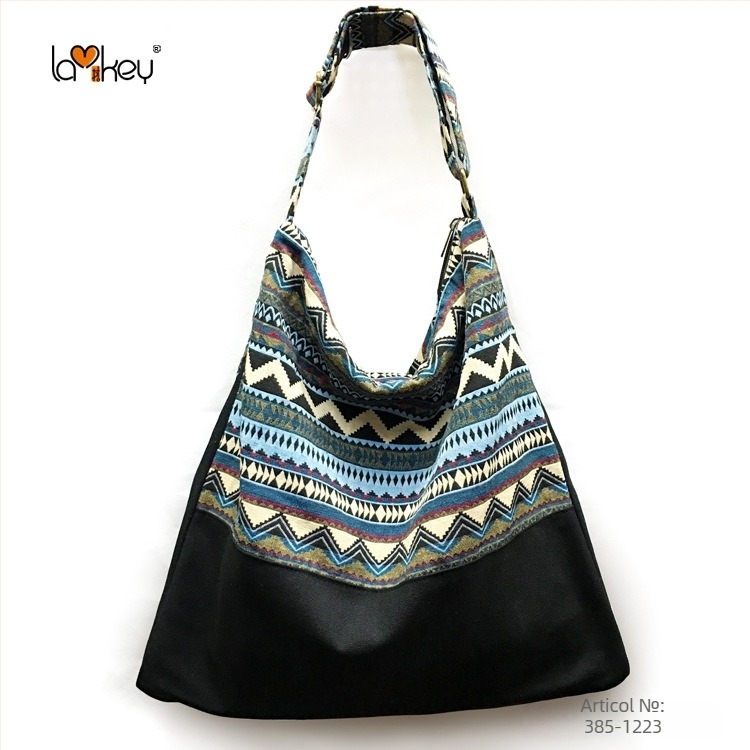 Geantă de umăr pentru femei, stil etnic, din bumbac, model cu dungi, închidere cu fermoar, căptușeală din bumbac