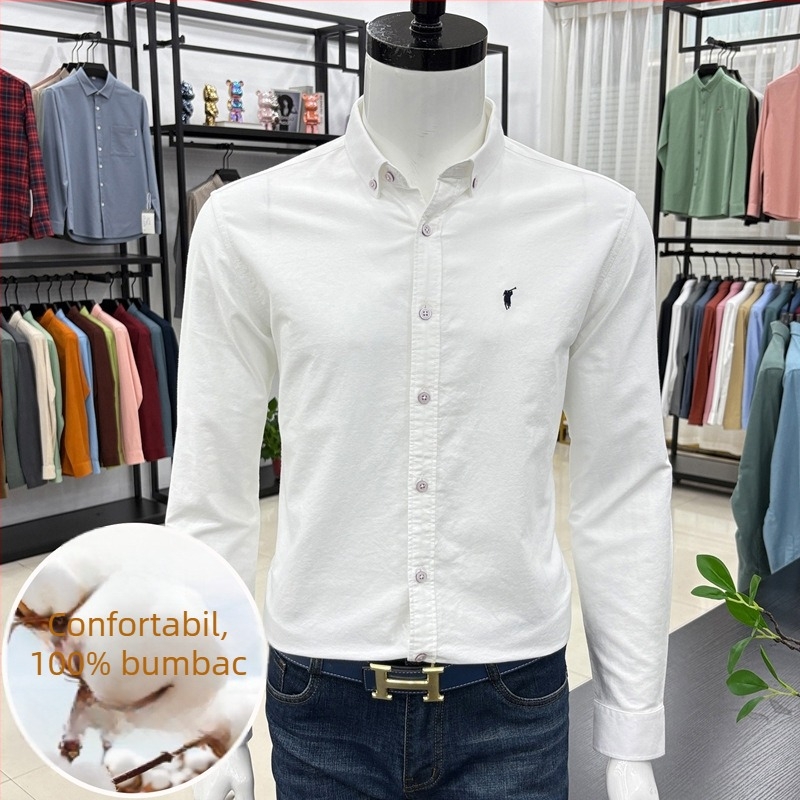 Cămașă bărbați cu mânecă lungă, brodată, stil cardigan, croială lejeră, țesătură din amestec de bumbac