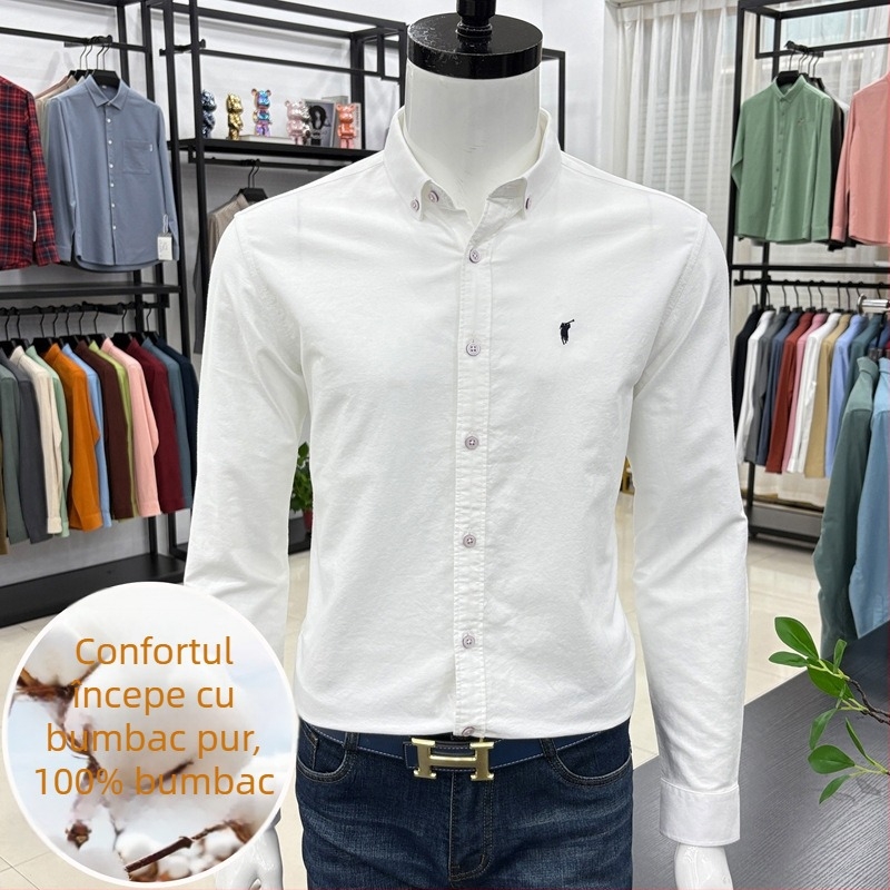 Cămașă bărbați cu mânecă lungă, brodată, stil cardigan, croială lejeră, țesătură din amestec de bumbac