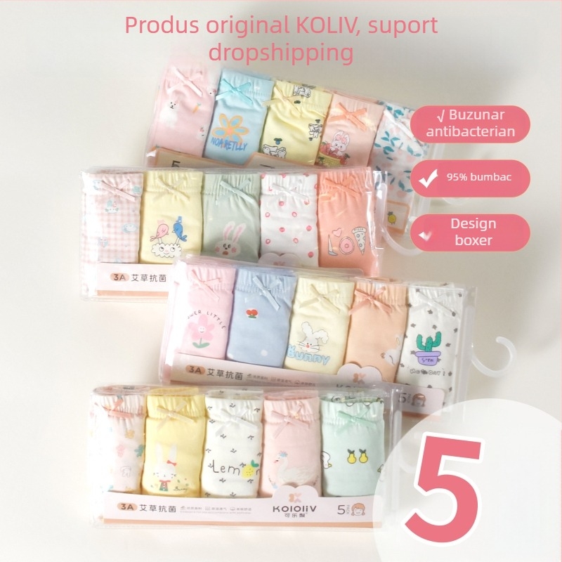 Chiloți boxeri pentru fete, din bumbac, talie medie, 95% bumbac, imprimare cu personaje, pachet de 5 bucăți, pentru copii 3–8 ani.