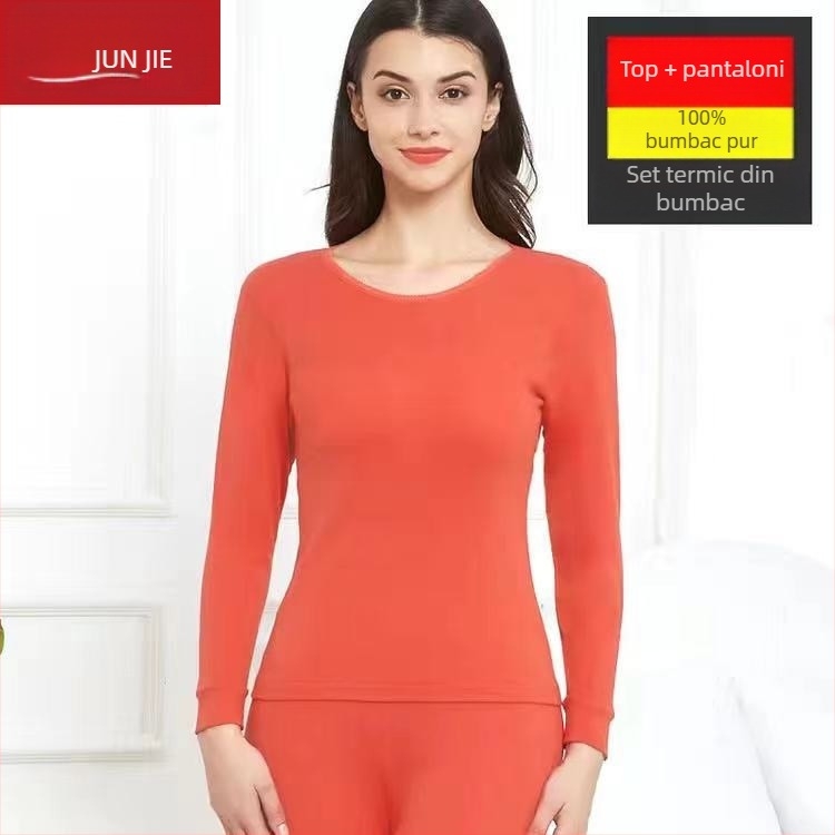 Set de lenjerie termică din bumbac pentru bărbați, top pulover cu mânecă lungă și pantaloni – 100% bumbac, țesătură de greutate medie, guler înalt